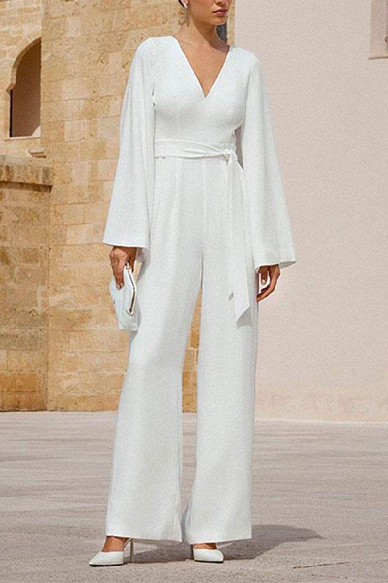 V-Neck Floor Length Chiffon Wedding Jumpsuit CW3580 - COCOMELODY